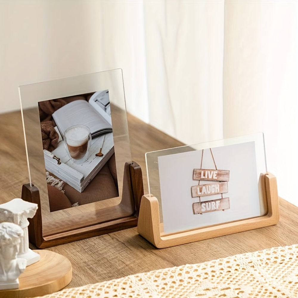 Acrylic Photo Frame with Solid Wood Base for Tabletop Display