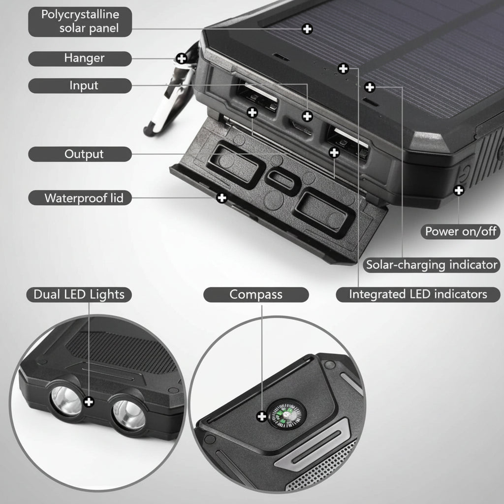 20000mAh Waterproof Power Bank with Solar Charging Capability