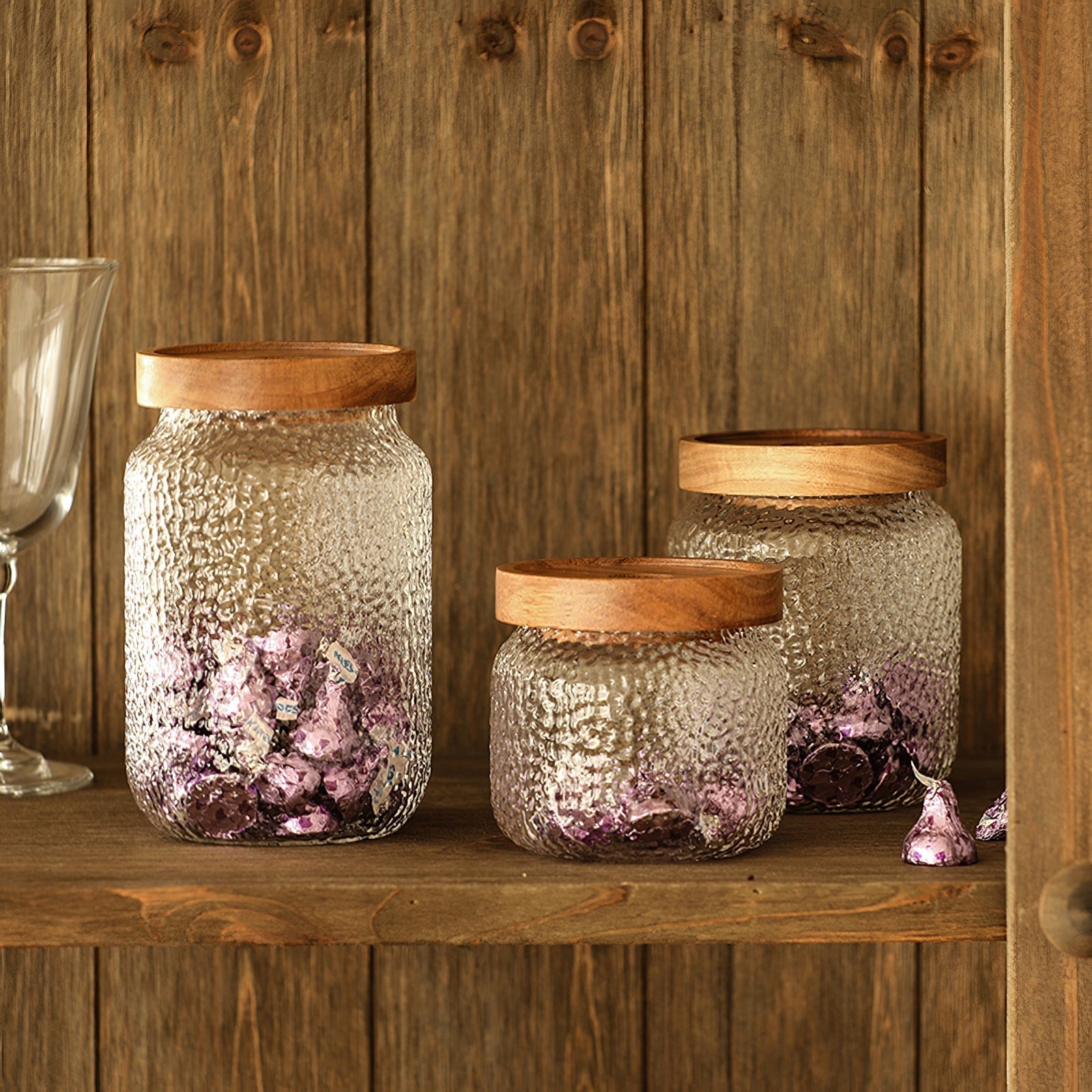 Acacia Wood Lid Storage Jar with Hammered Glass – 3 Size Options