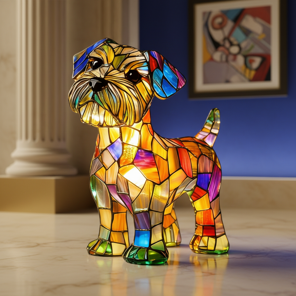 LED Night Light Table Lamp with Stained Glass Dog Design in Resin