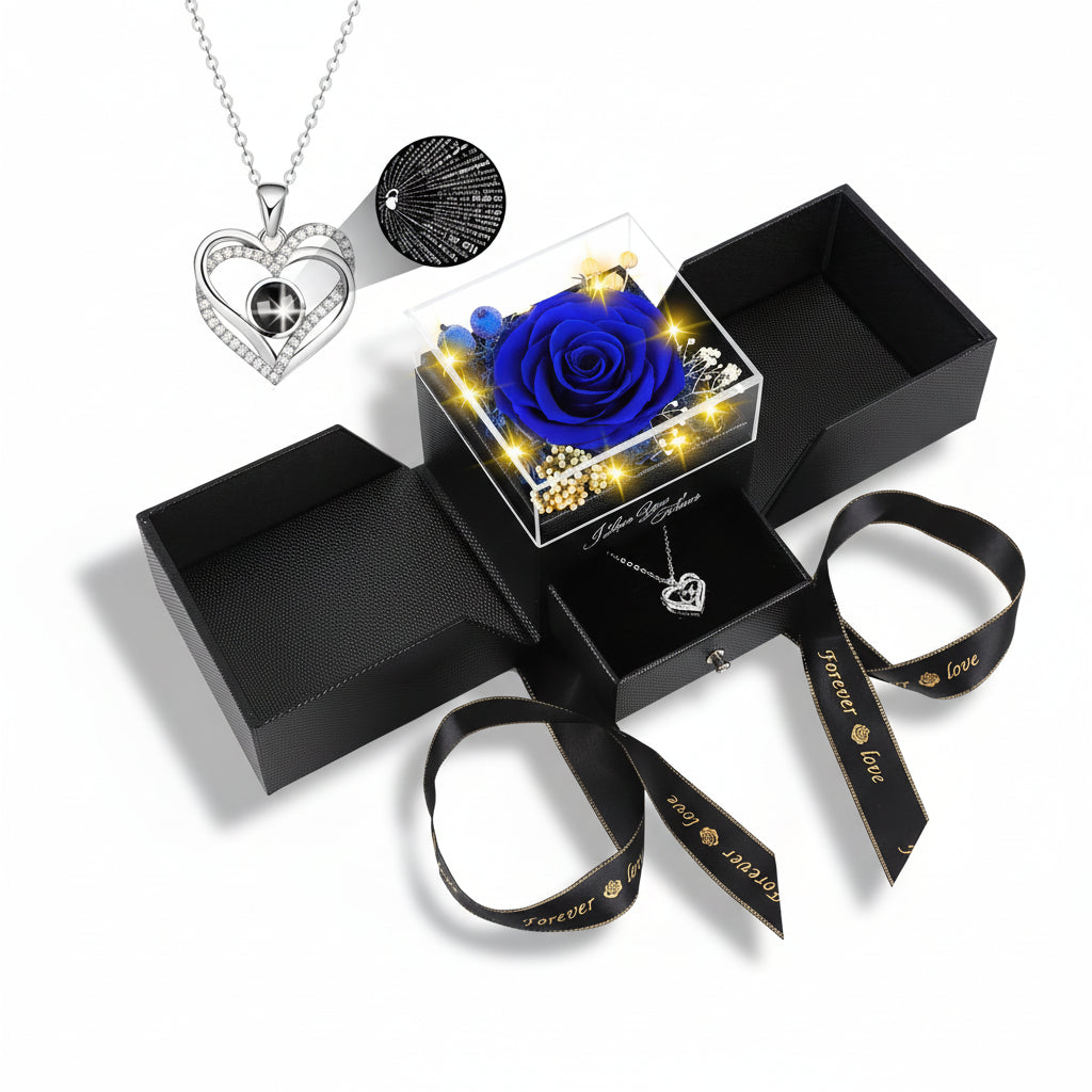 LED Light Love Necklace with Preserved Eternal Flower in Rose Gift Box