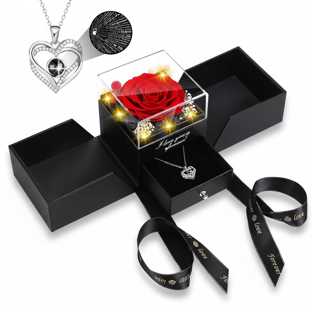 LED Light Love Necklace with Preserved Eternal Flower in Rose Gift Box