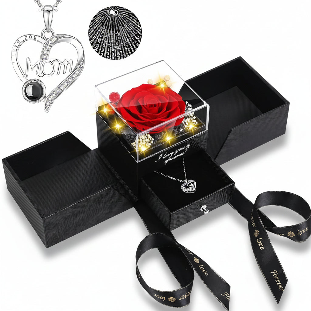 LED Light Love Necklace with Preserved Eternal Flower in Rose Gift Box