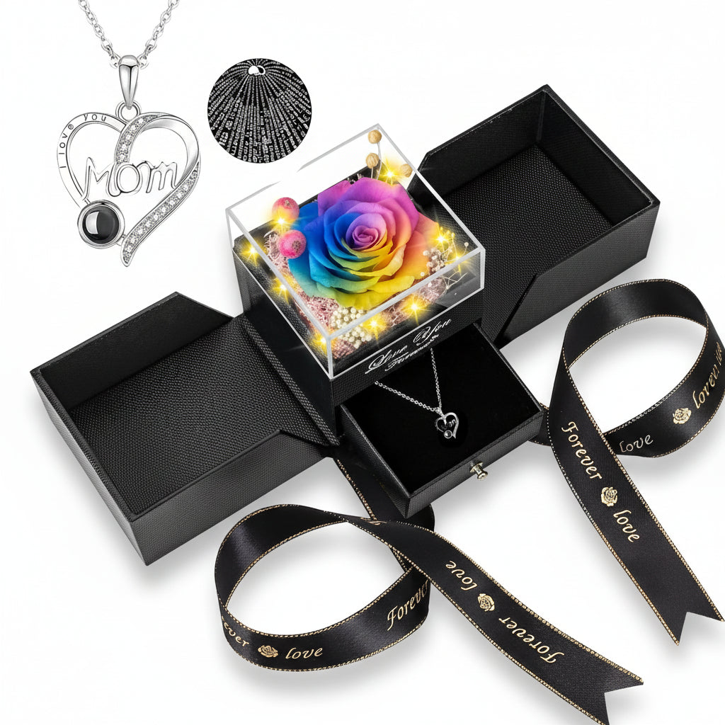 LED Light Love Necklace with Preserved Eternal Flower in Rose Gift Box