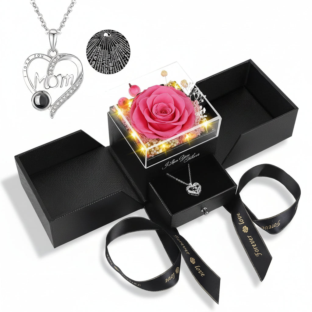 LED Light Love Necklace with Preserved Eternal Flower in Rose Gift Box