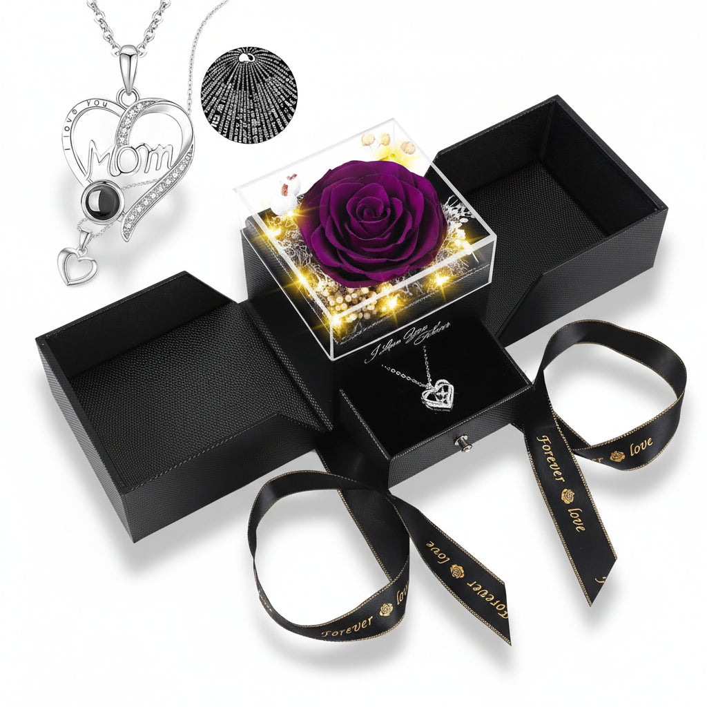 LED Light Love Necklace with Preserved Eternal Flower in Rose Gift Box