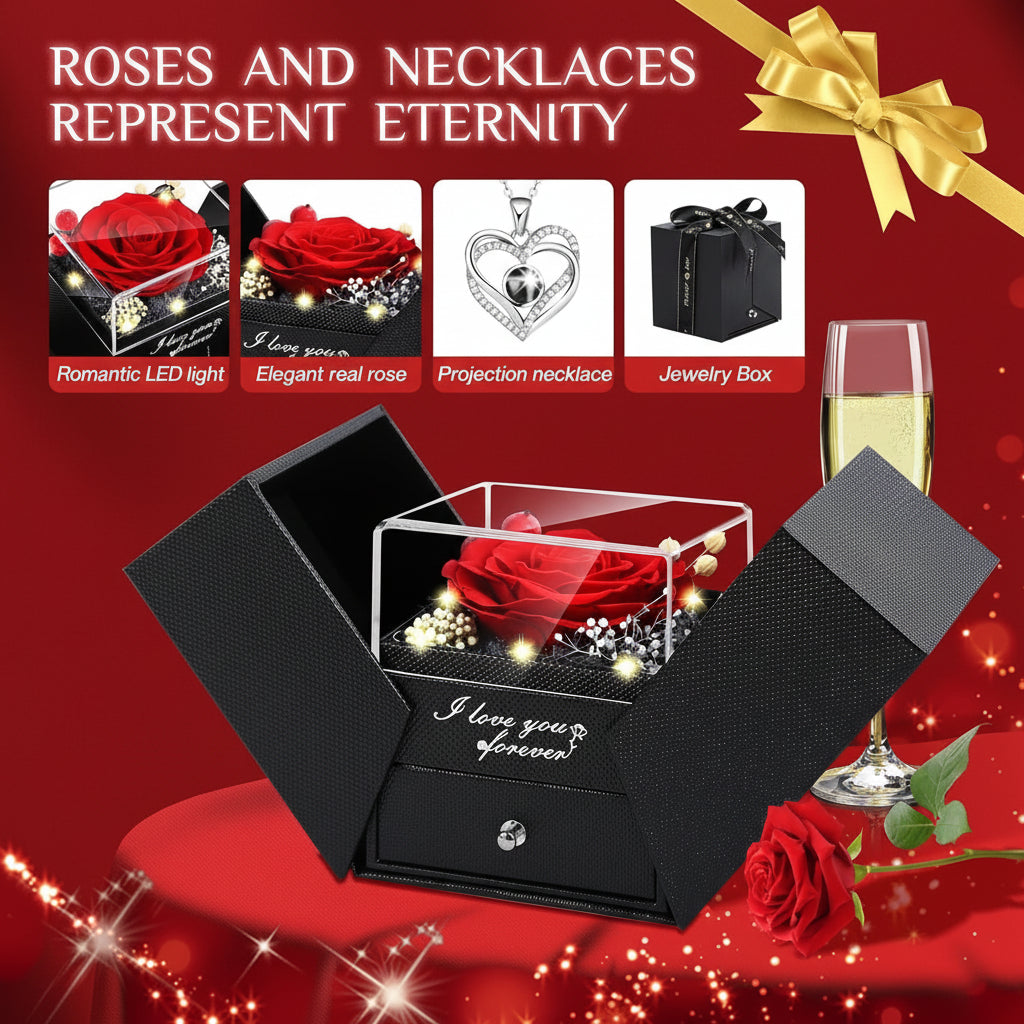 LED Light Love Necklace with Preserved Eternal Flower in Rose Gift Box