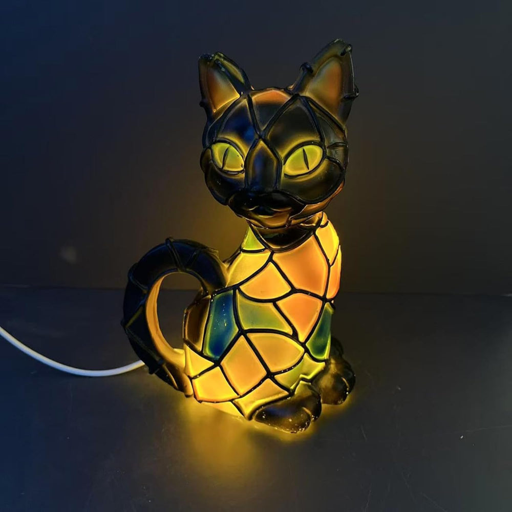 Tiffany-Style Cat Lamp Figurine with Warm Glow for Table Decor