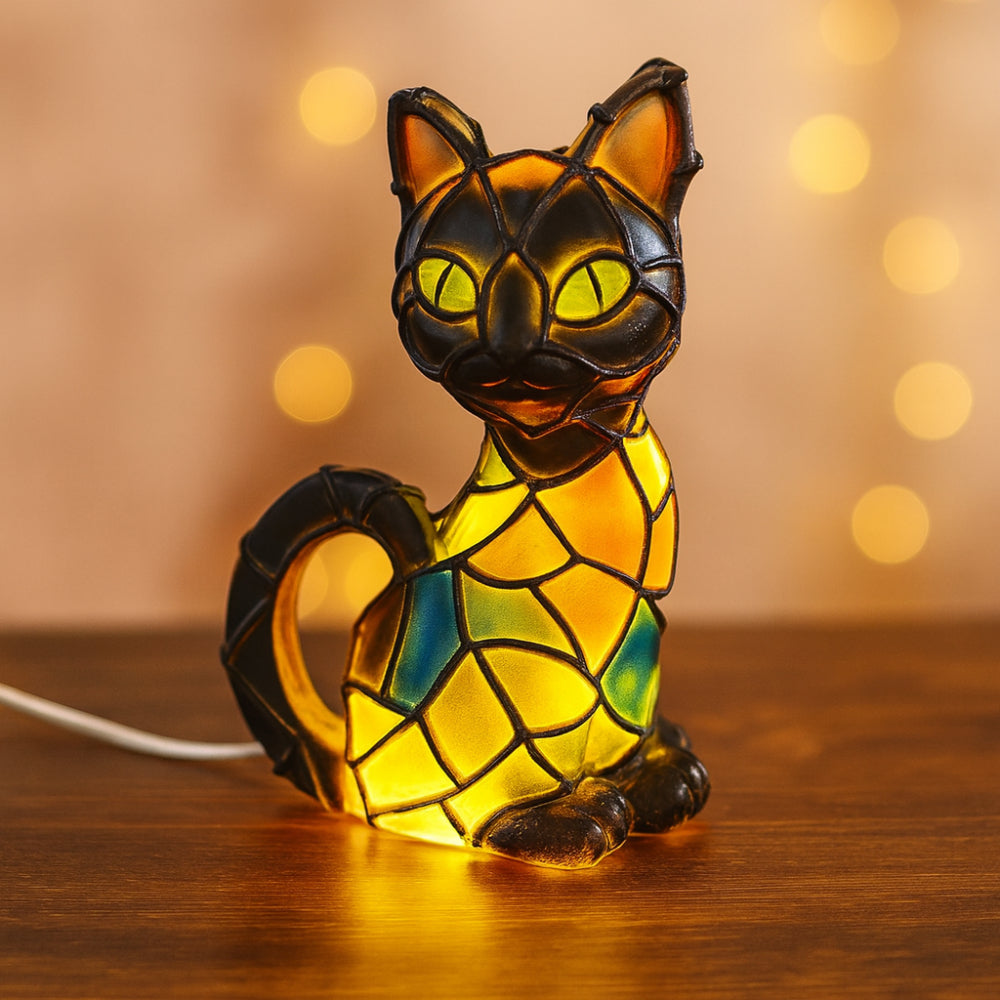 Tiffany-Style Cat Lamp Figurine with Warm Glow for Table Decor