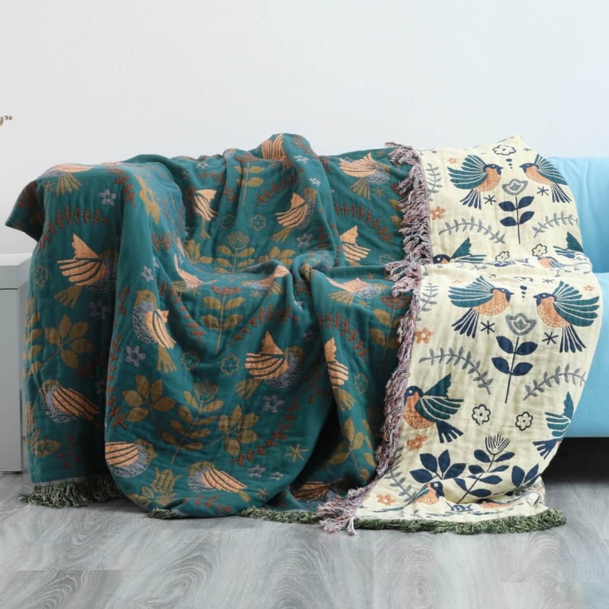 Charming Reversible Cotton Throw Blanket with Elegant Bird Motif