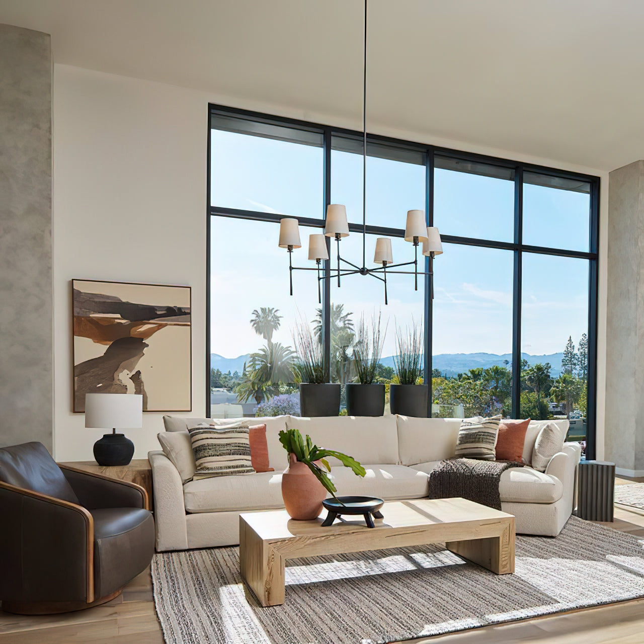 Chandelier with Fabric Lampshades and Metal Structure – Vintage Style