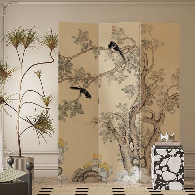 Foldable Room Divider with Floral and Bird Design – French Style