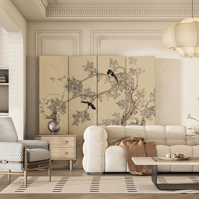 Foldable Room Divider with Floral and Bird Design – French Style