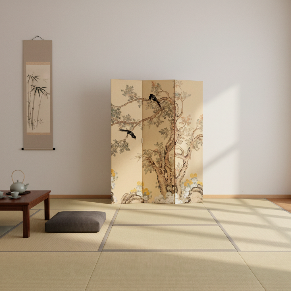 Foldable Room Divider with Floral and Bird Design – French Style