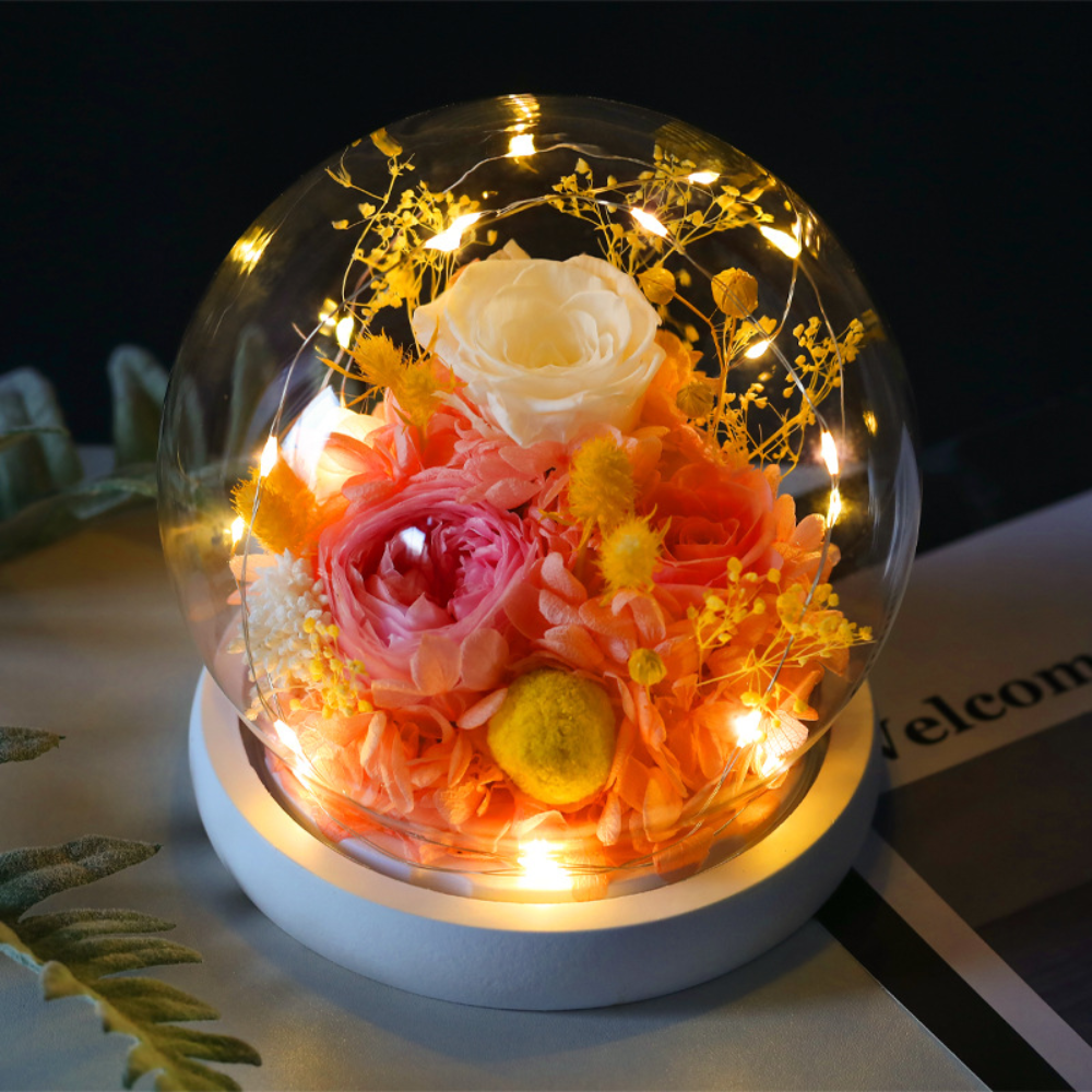 LED Table Decor with Preserved Rose - Mother's Day Gift in Dome