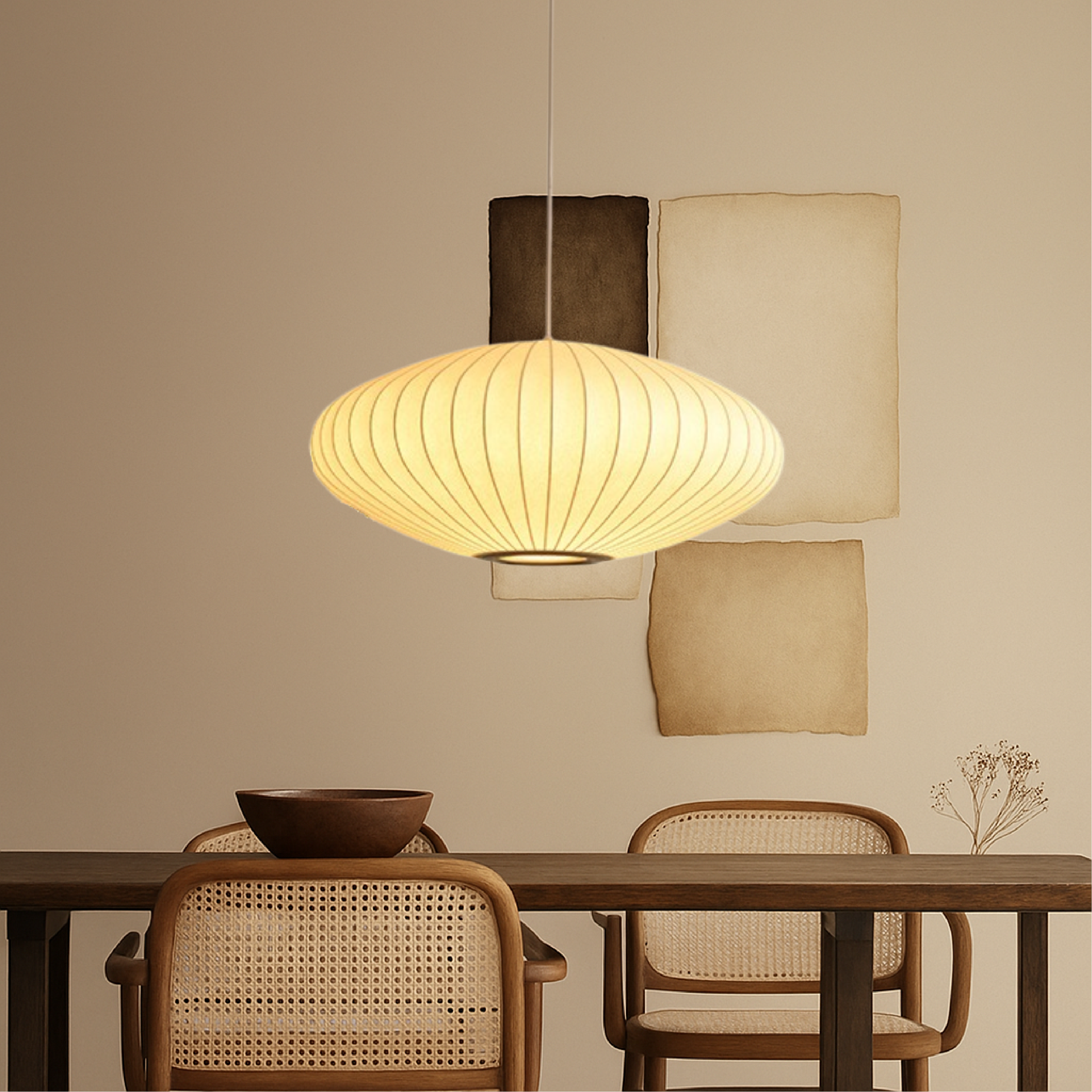 Pleated Fabric Shade Pendant Light - Round Lantern Design