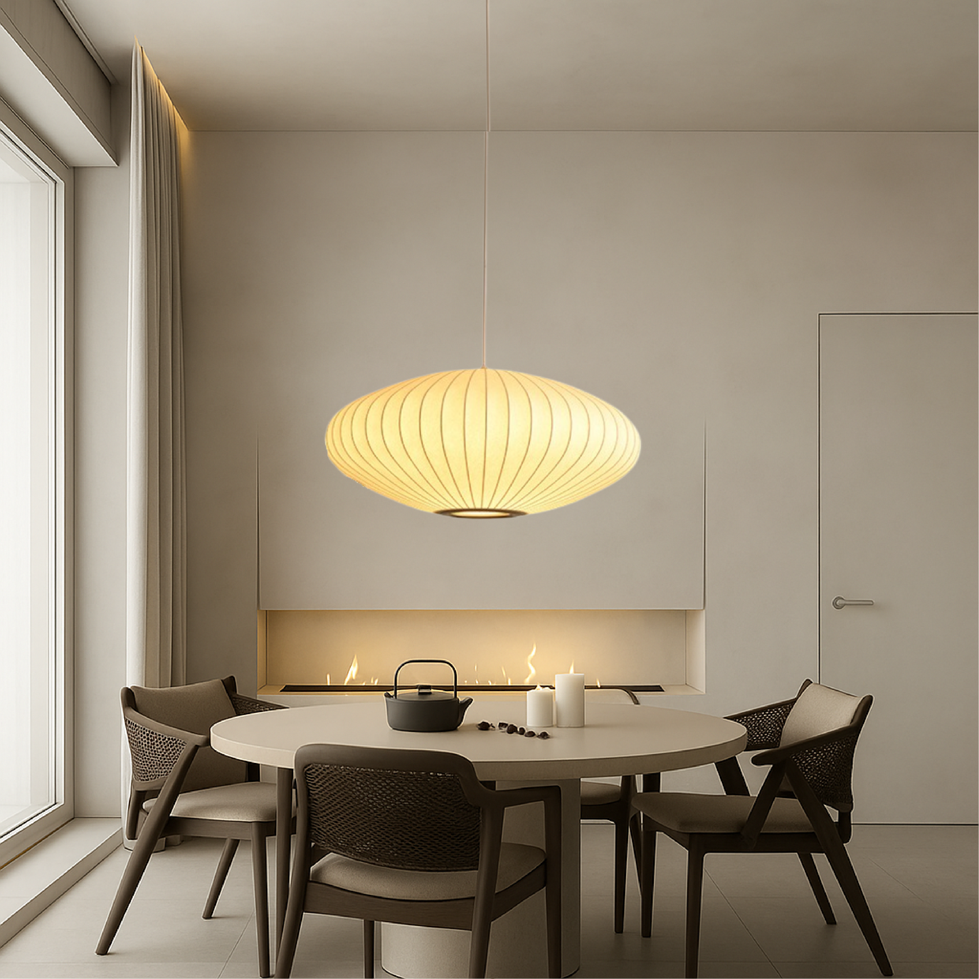 Pleated Fabric Shade Pendant Light - Round Lantern Design