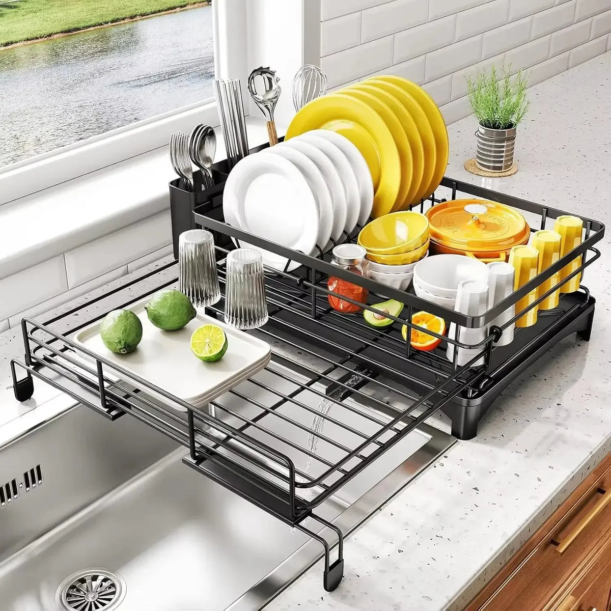 Premium Kitchen Dish Drying Rack with Adjustable Drainboard