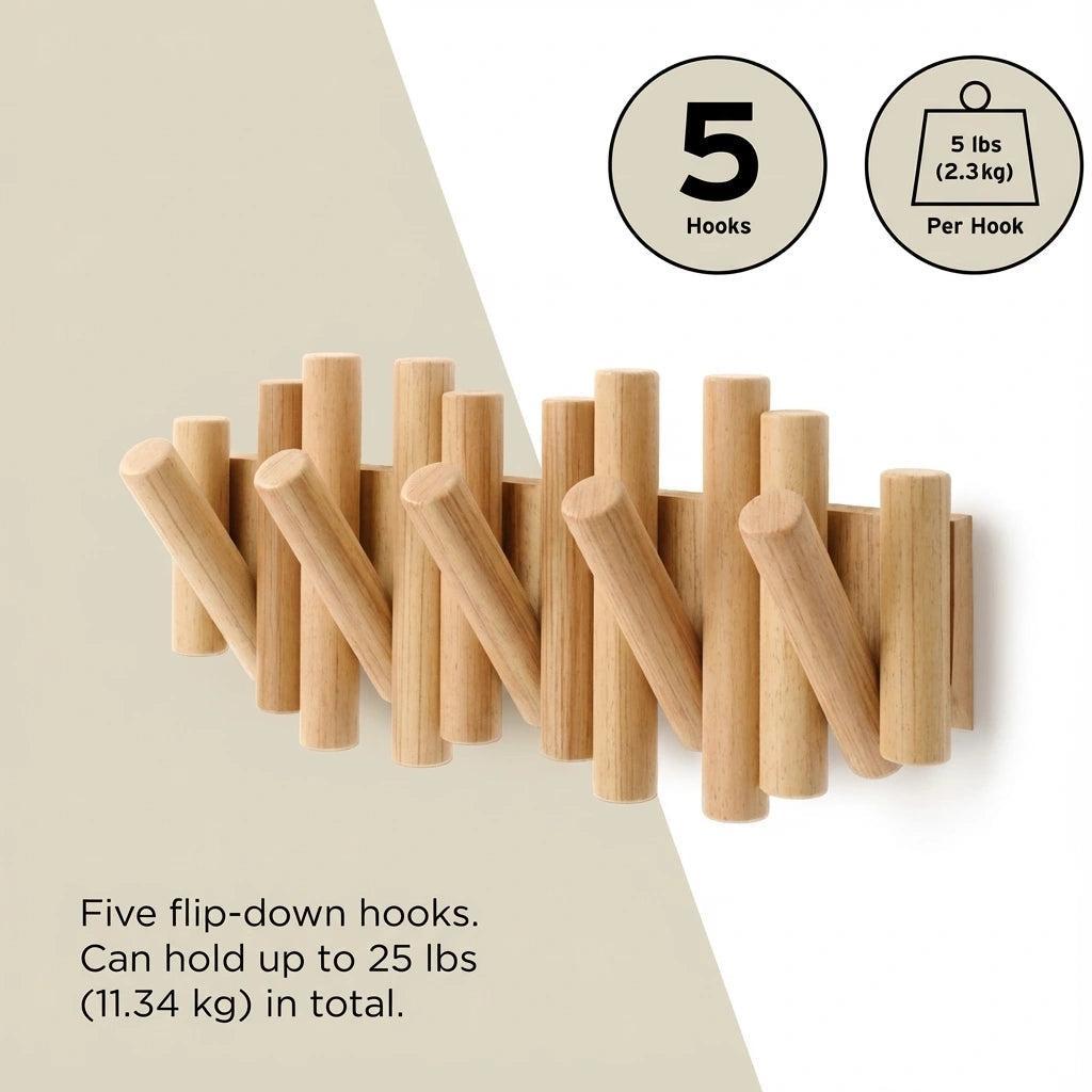 Elegant Wooden Wall Hooks - Versatile Flip-Down Storage Solution
