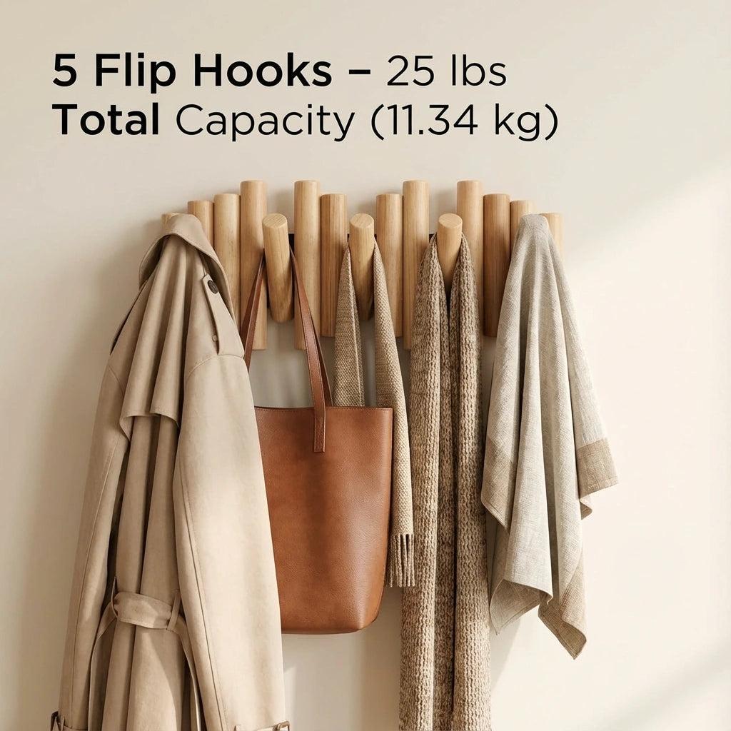 Elegant Wooden Wall Hooks - Versatile Flip-Down Storage Solution