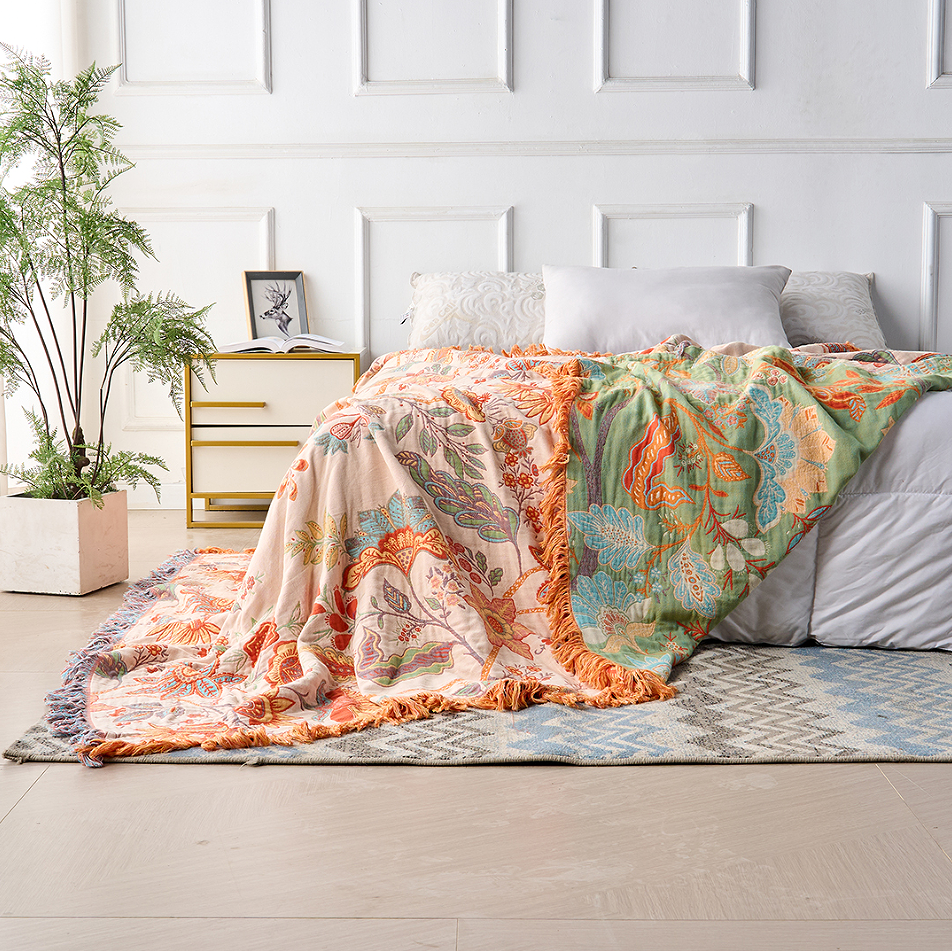 100% Cotton Floral Throw Blanket (Machine Washable)