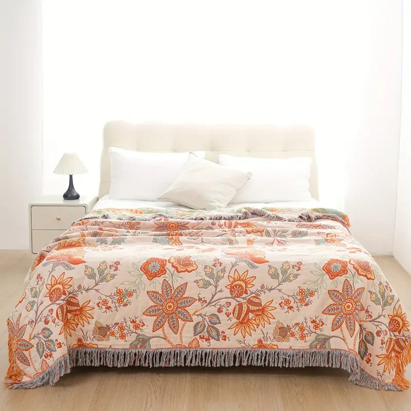 100% Cotton Floral Throw Blanket (Machine Washable)