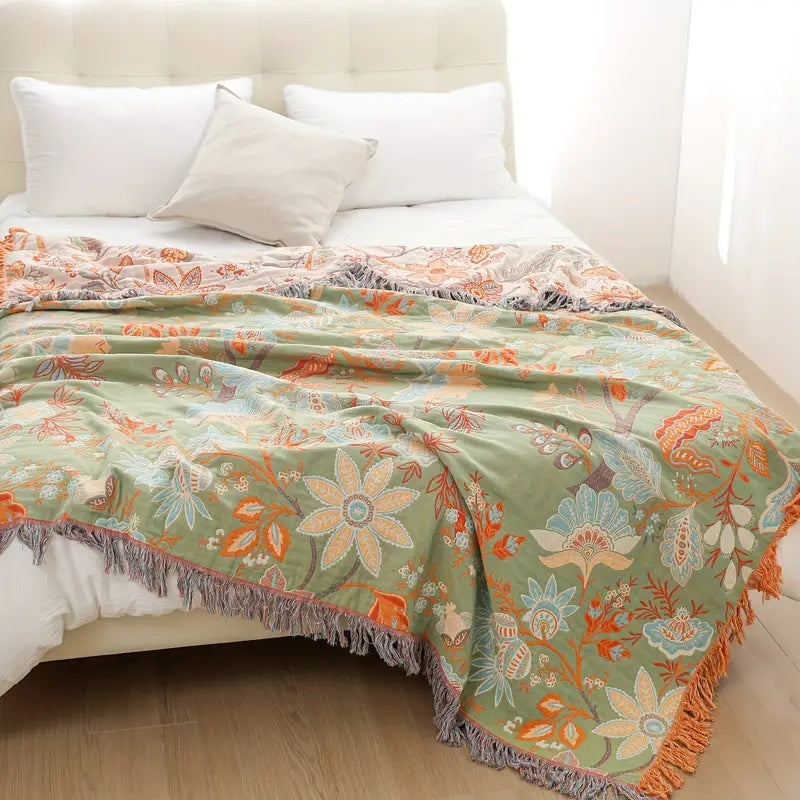 100% Cotton Floral Throw Blanket (Machine Washable)