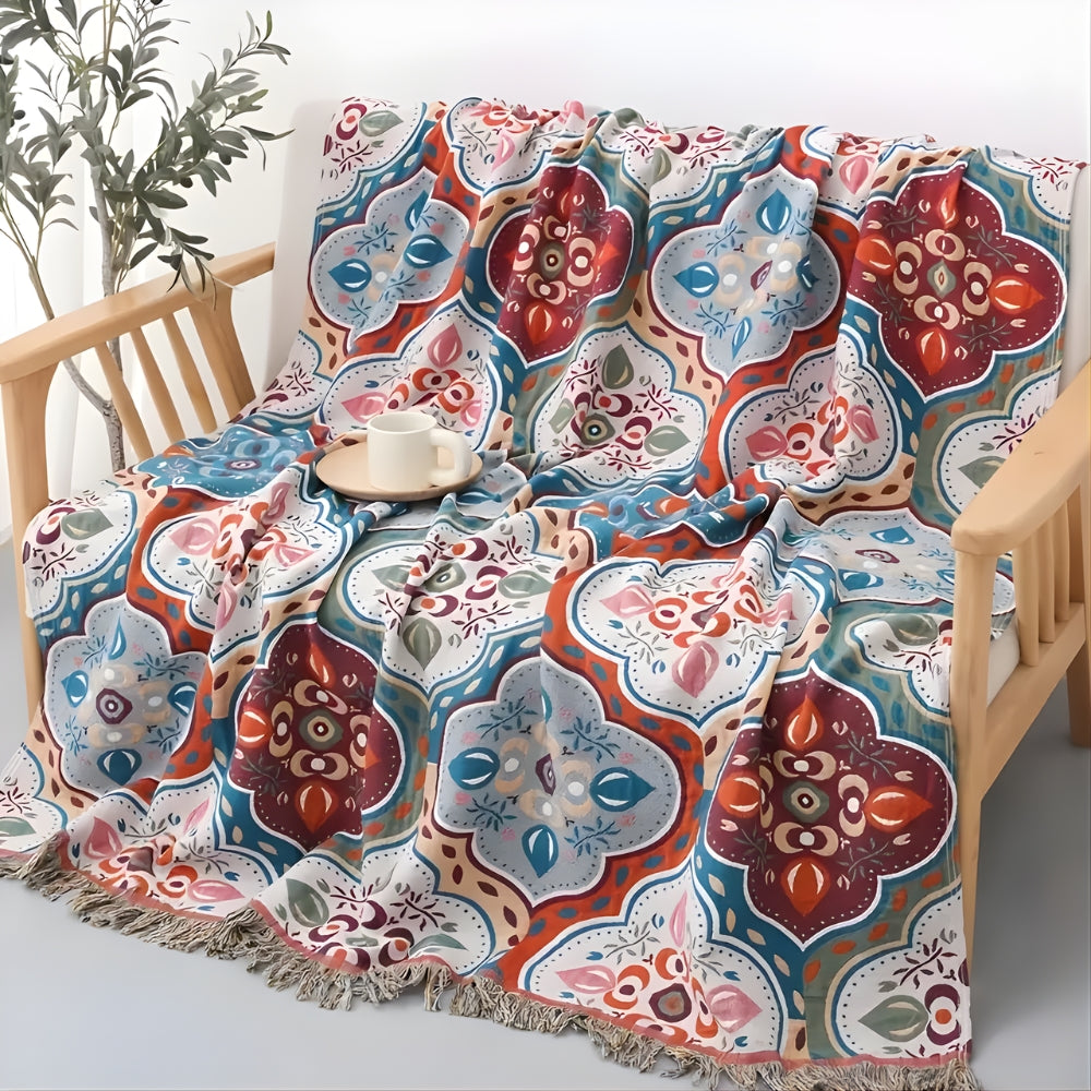 100% Cotton Reversible Moroccan Mosaic Blanket (Tassel Fringe)