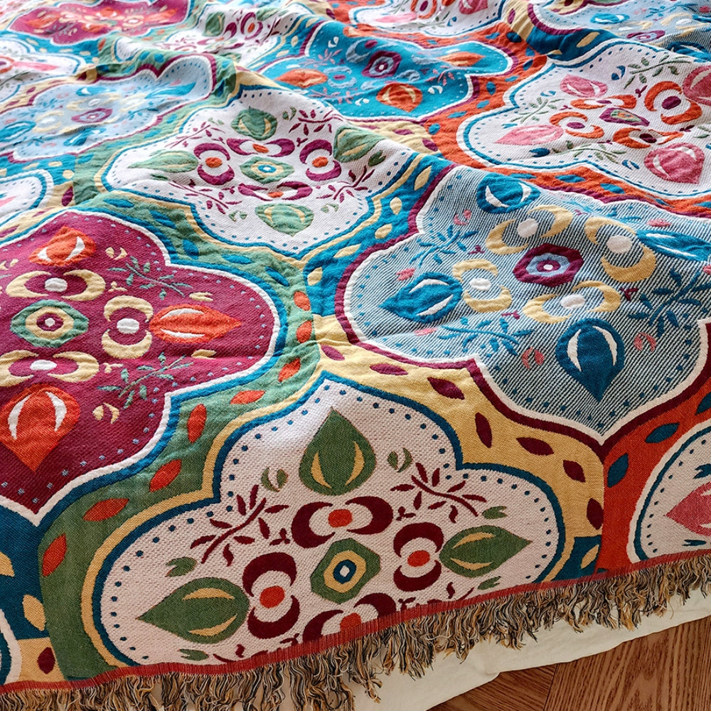 100% Cotton Reversible Moroccan Mosaic Blanket (Tassel Fringe)