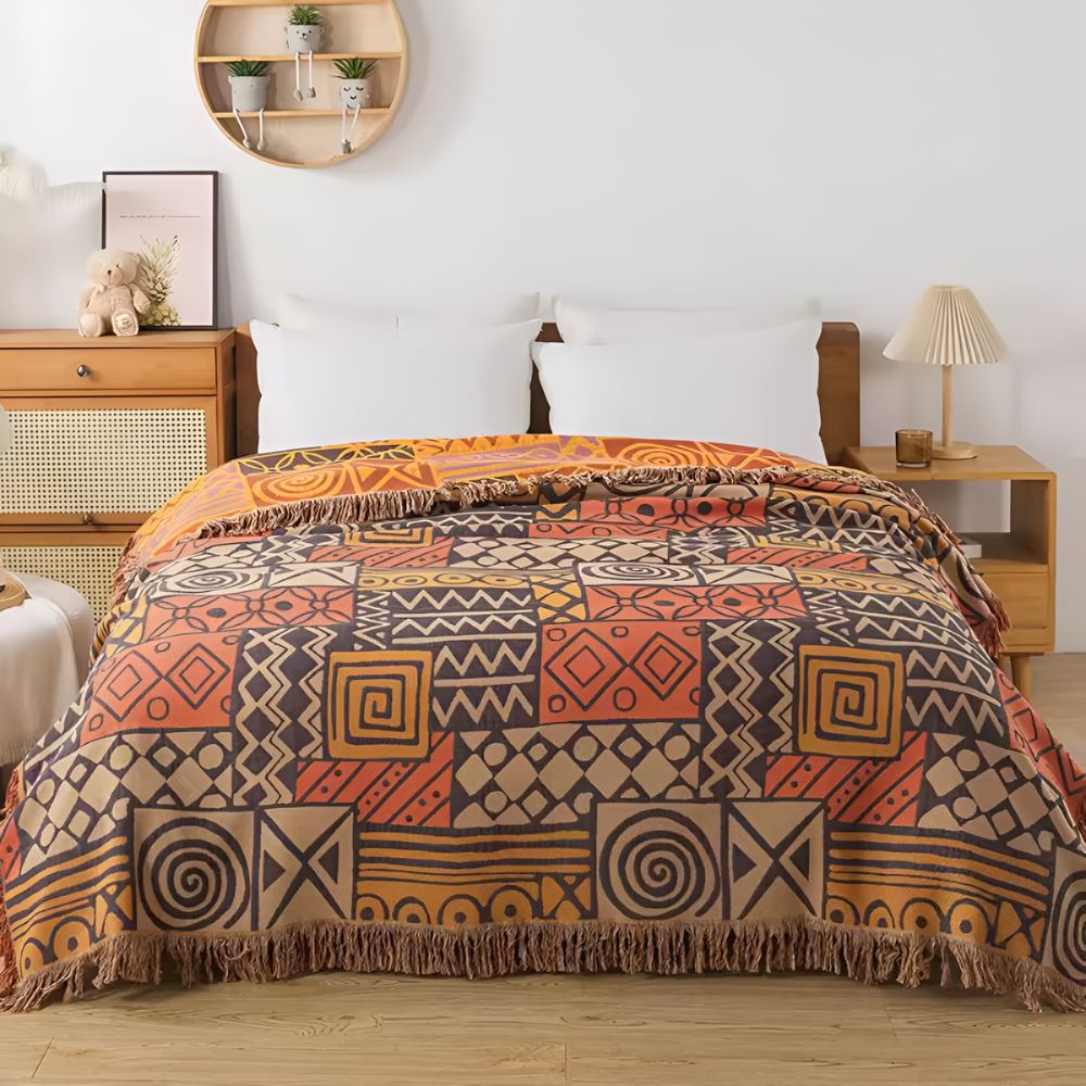 100% Cotton Reversible Tribal Patchwork Throw (Tassel Fringe)