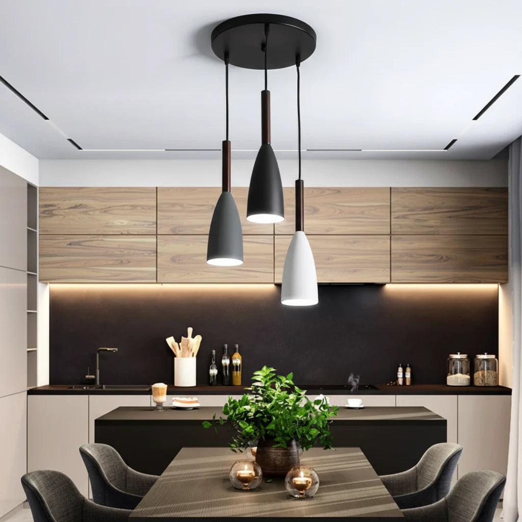 3-Light Pendant Light Wood Accents Height Adjustable Dimmable
