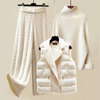 3-Piece Winter Set Cozy Sweater Wide Trousers & Puffer Vest