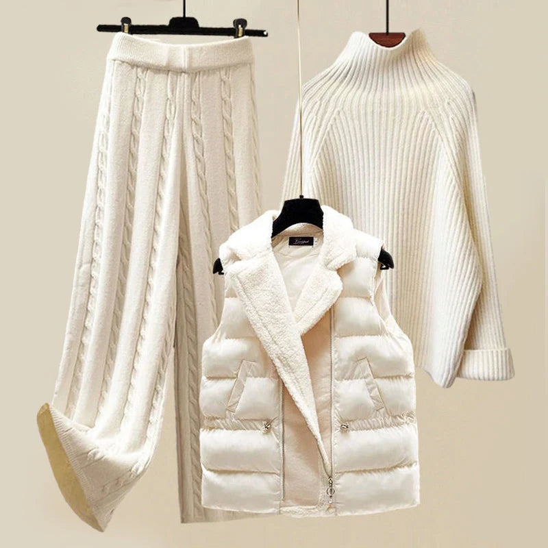 3-Piece Winter Set Cozy Sweater Wide Trousers & Puffer Vest