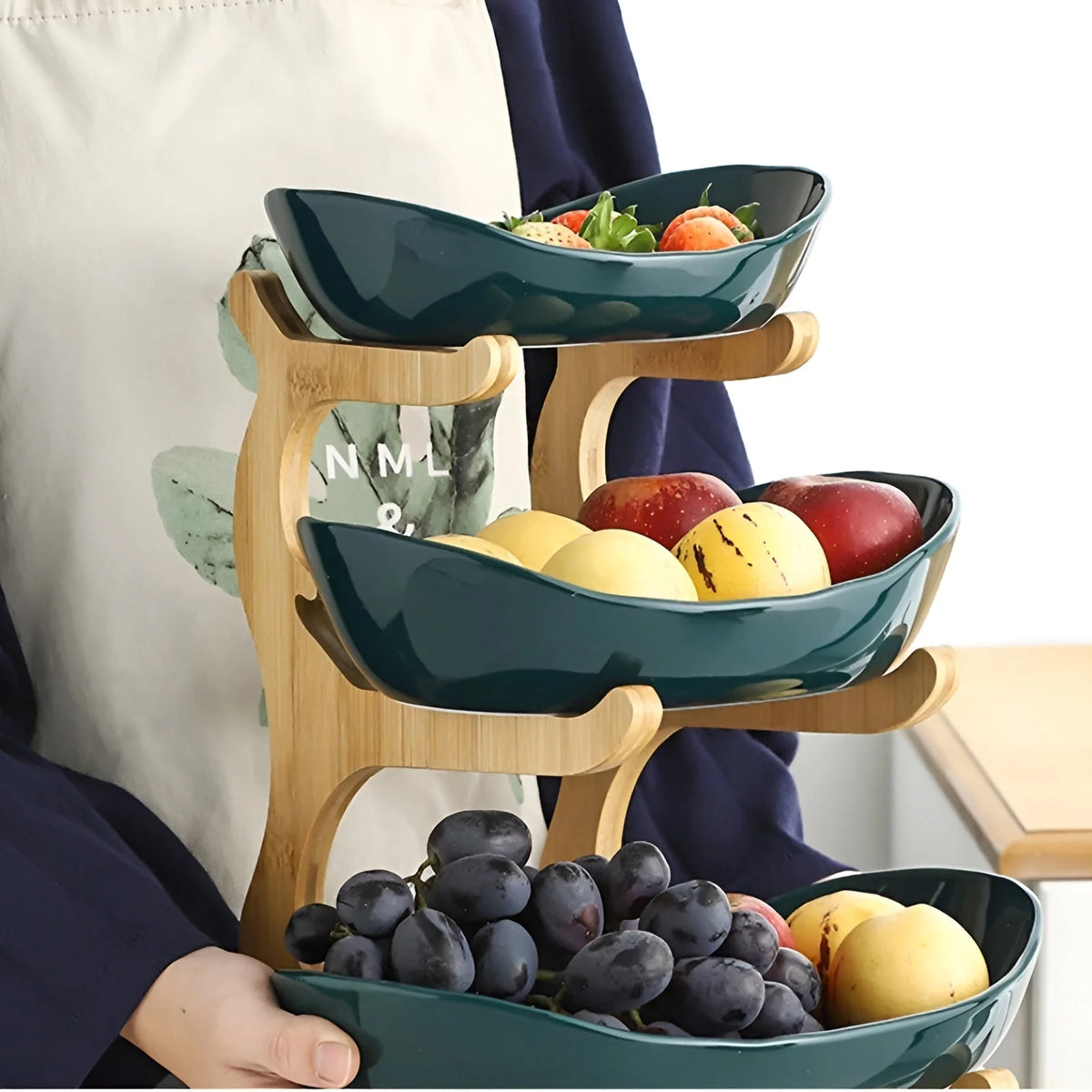 3-Tier Fruit Basket Wooden Stand Removable Trays