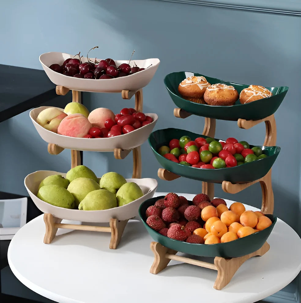 3-Tier Fruit Basket Wooden Stand Removable Trays