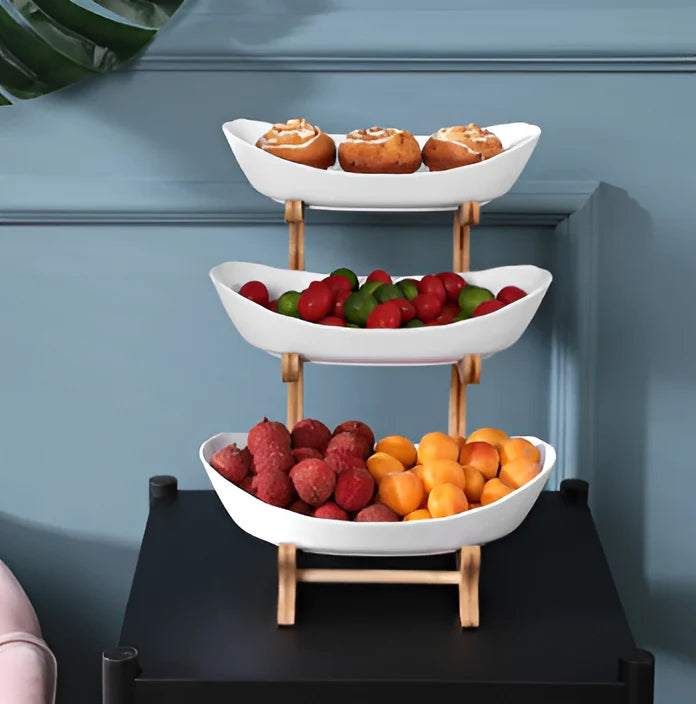 3-Tier Fruit Basket Wooden Stand Removable Trays