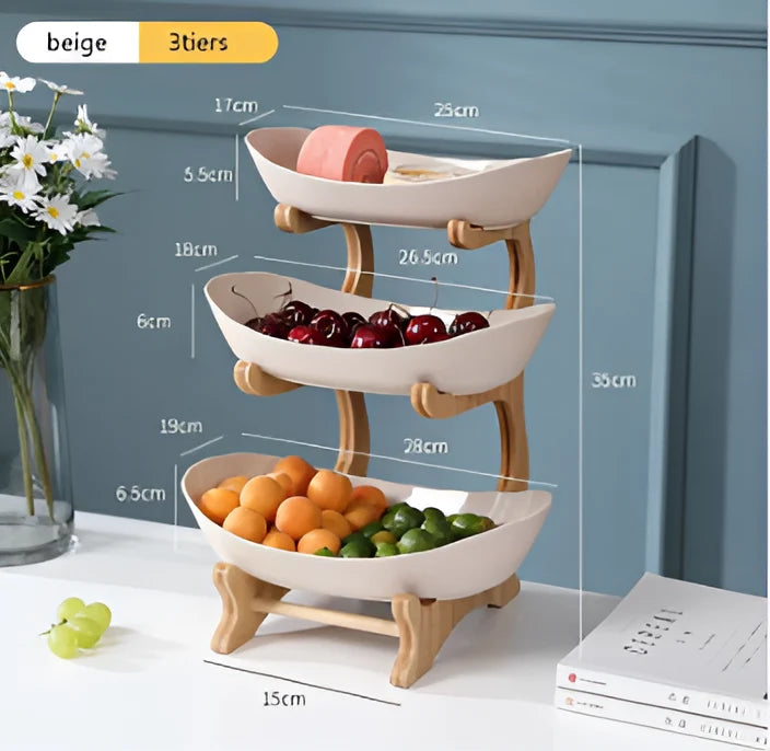 3-Tier Fruit Basket Wooden Stand Removable Trays