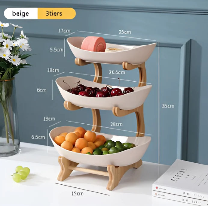 3-Tier Fruit Basket Wooden Stand Removable Trays