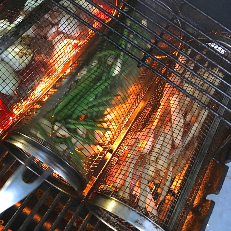 304 Stainless Steel 360° Rotating Grill Basket (Dishwasher-Safe)