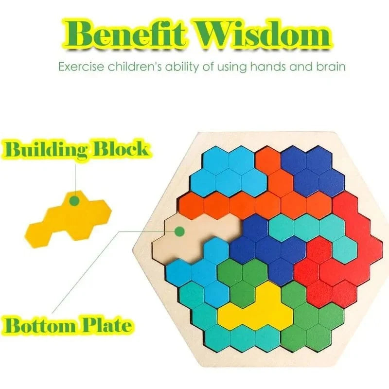 3D Hexagonal Puzzle Natural Wood 12 Blocks 120 Challenges