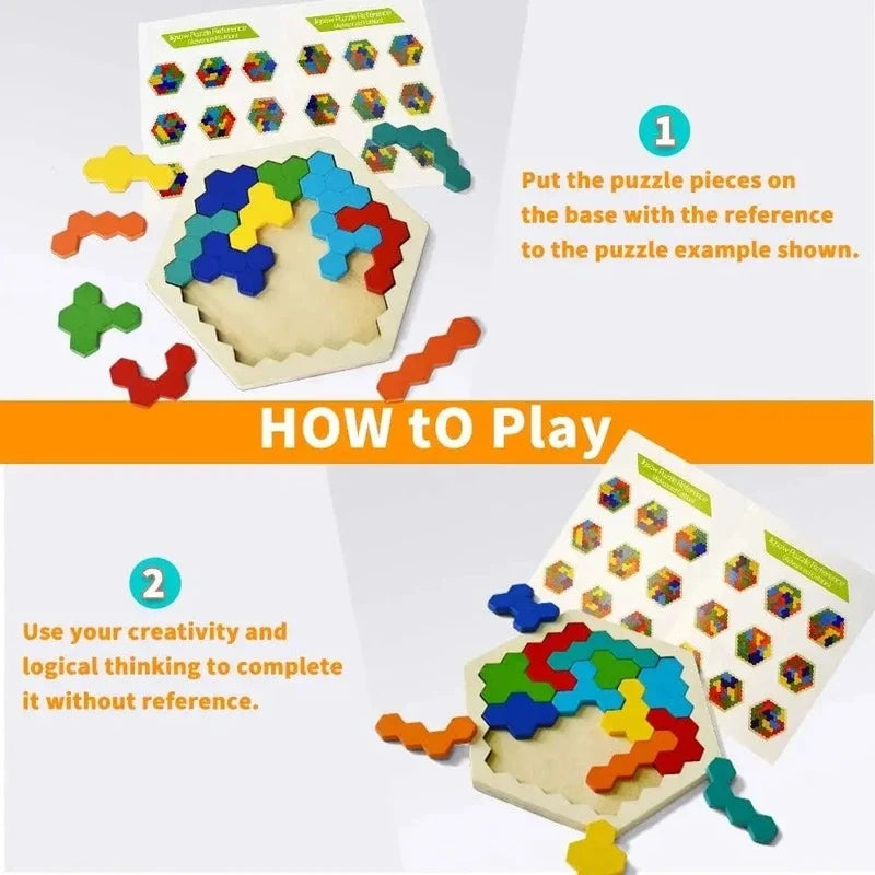 3D Hexagonal Puzzle Natural Wood 12 Blocks 120 Challenges
