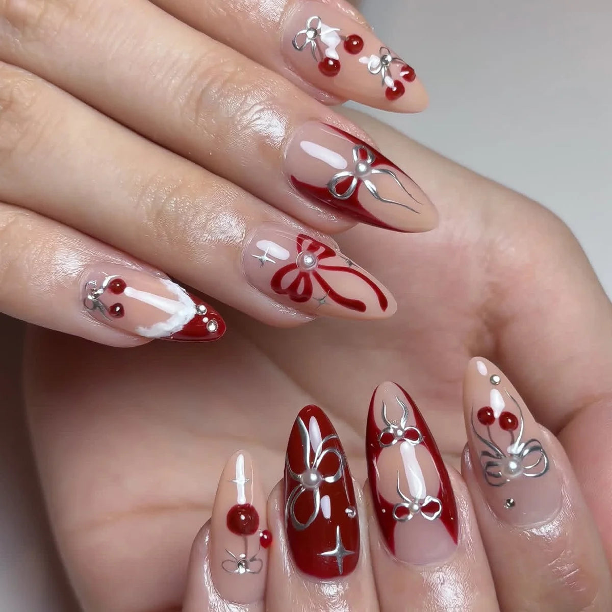 3D Nail Art Set Red Pearls & Bows