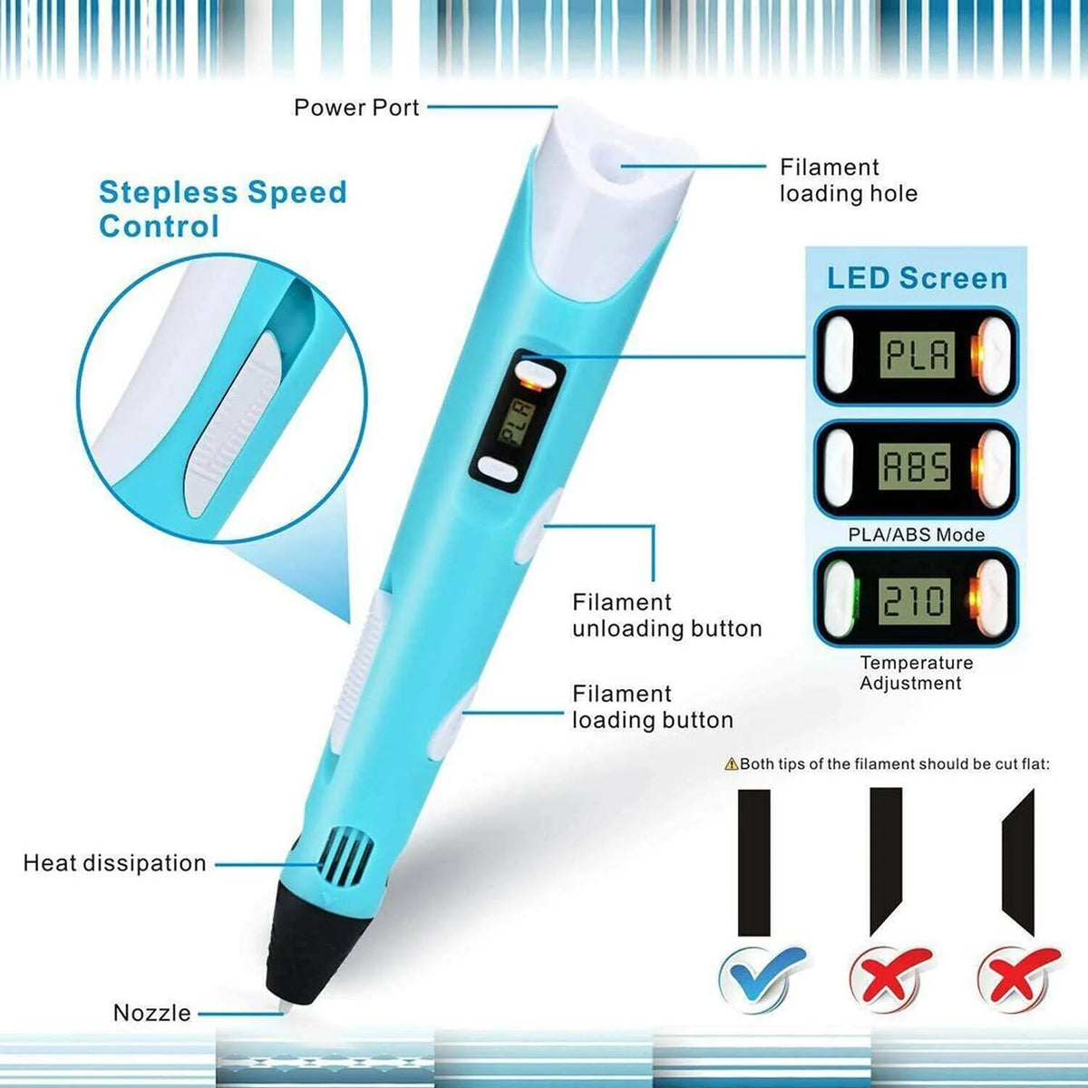 3D Printing Pen Adjustable Temperature PLA & ABS Compatible