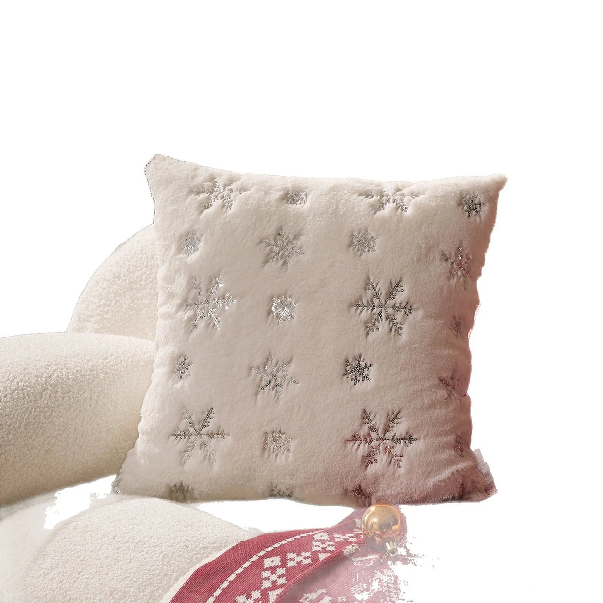 Accent Pillow Cover Plush Faux-Fur Embroidered Sequin Snowflake
