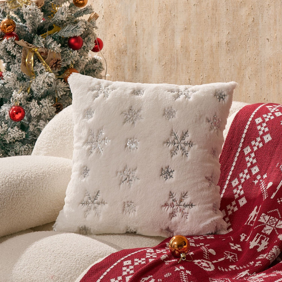 Accent Pillow Cover Plush Faux-Fur Embroidered Sequin Snowflake