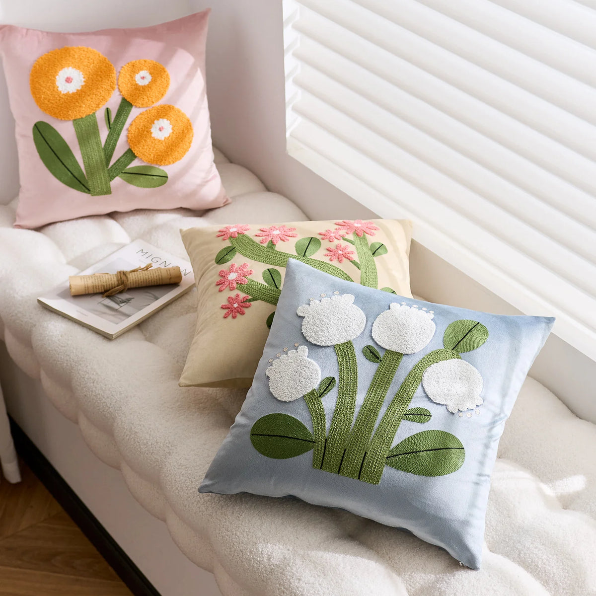 Accent Pillow Velvet Hand-Appliquéd Tufted Floral Hidden Zipper