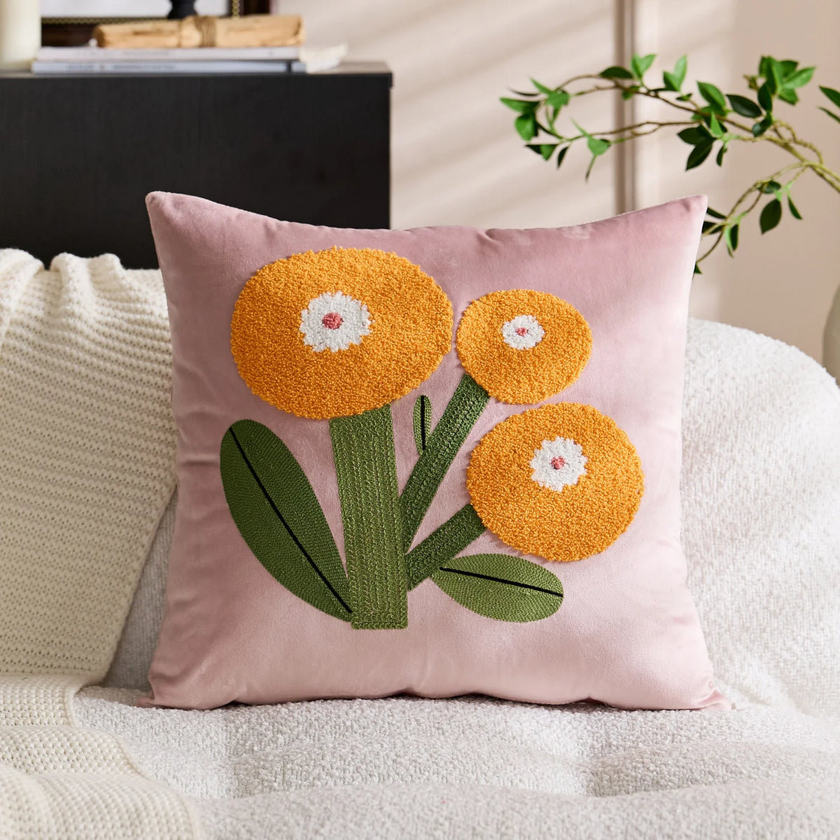 Accent Pillow Velvet Hand-Appliquéd Tufted Floral Hidden Zipper