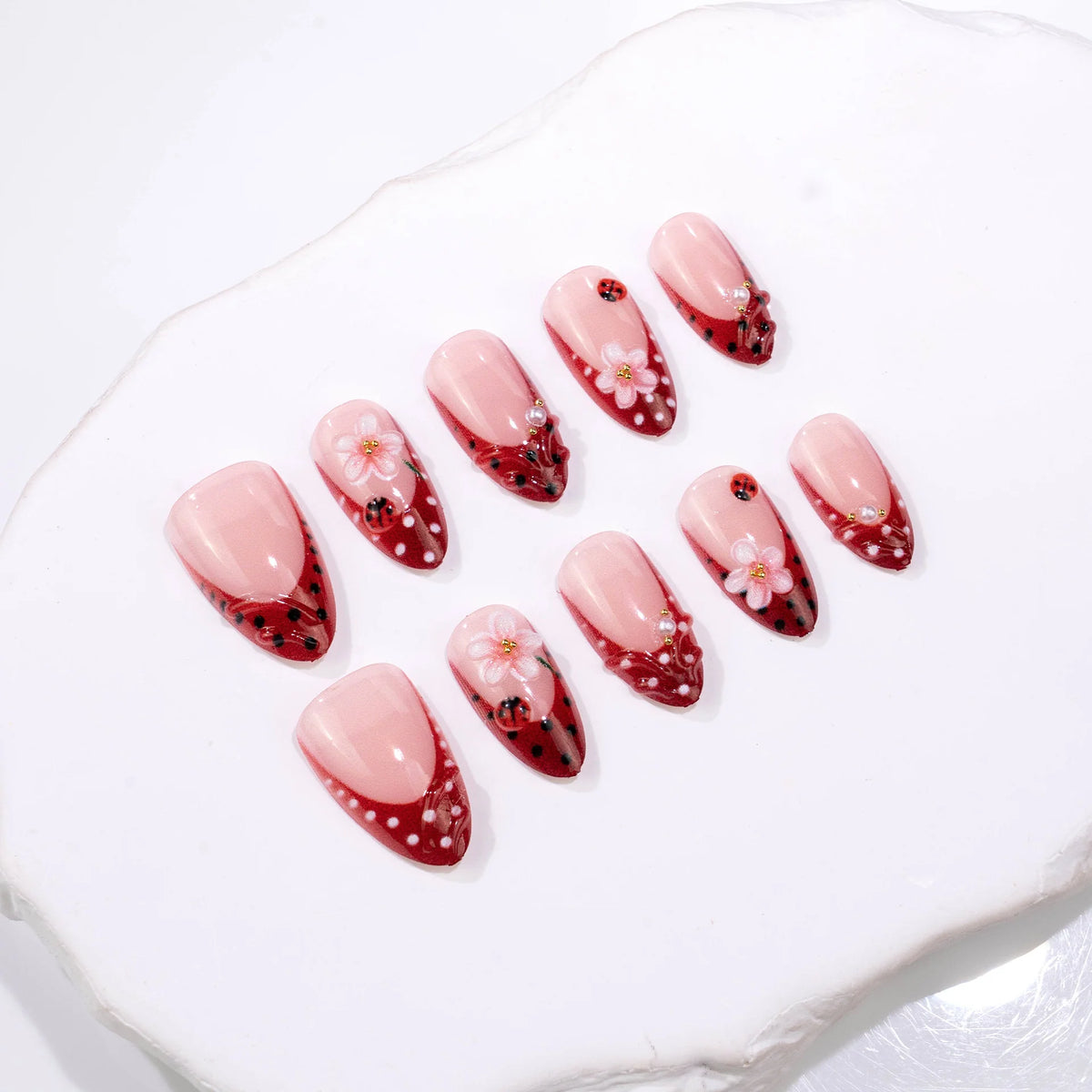 Acrylic Nail Art Set Floral & Ladybug Ready-To-Apply