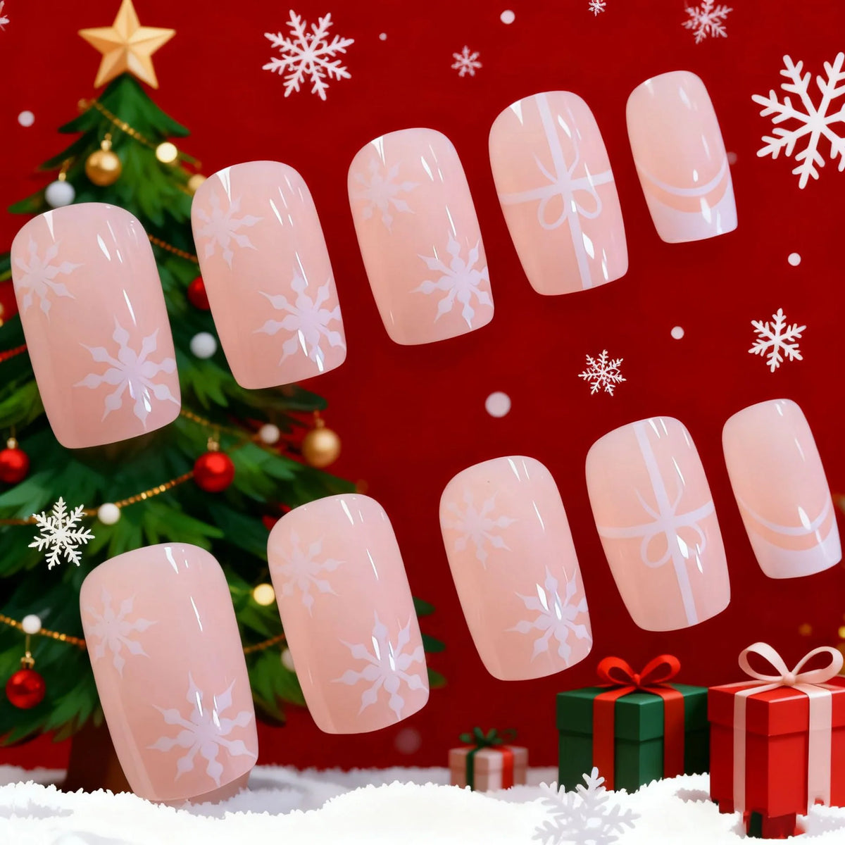 Acrylic Nail Enhancements Holiday Snowflake & Ribbon Easy Apply