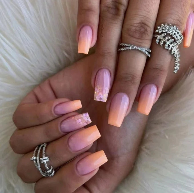 Acrylic Nail Enhancements Peach To Pink Ombre Long Lasting